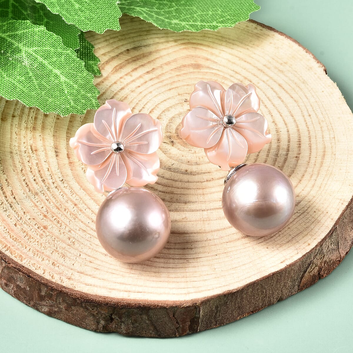 JARDIN COLLECTION Mother Of Pearl Carved and Purple Edison Pearl Flower Earrings in Rhodium Over Sterling Silver image number 1