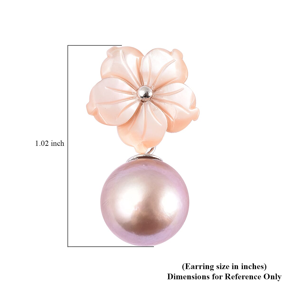 JARDIN COLLECTION Mother Of Pearl Carved and Purple Edison Pearl Flower Earrings in Rhodium Over Sterling Silver