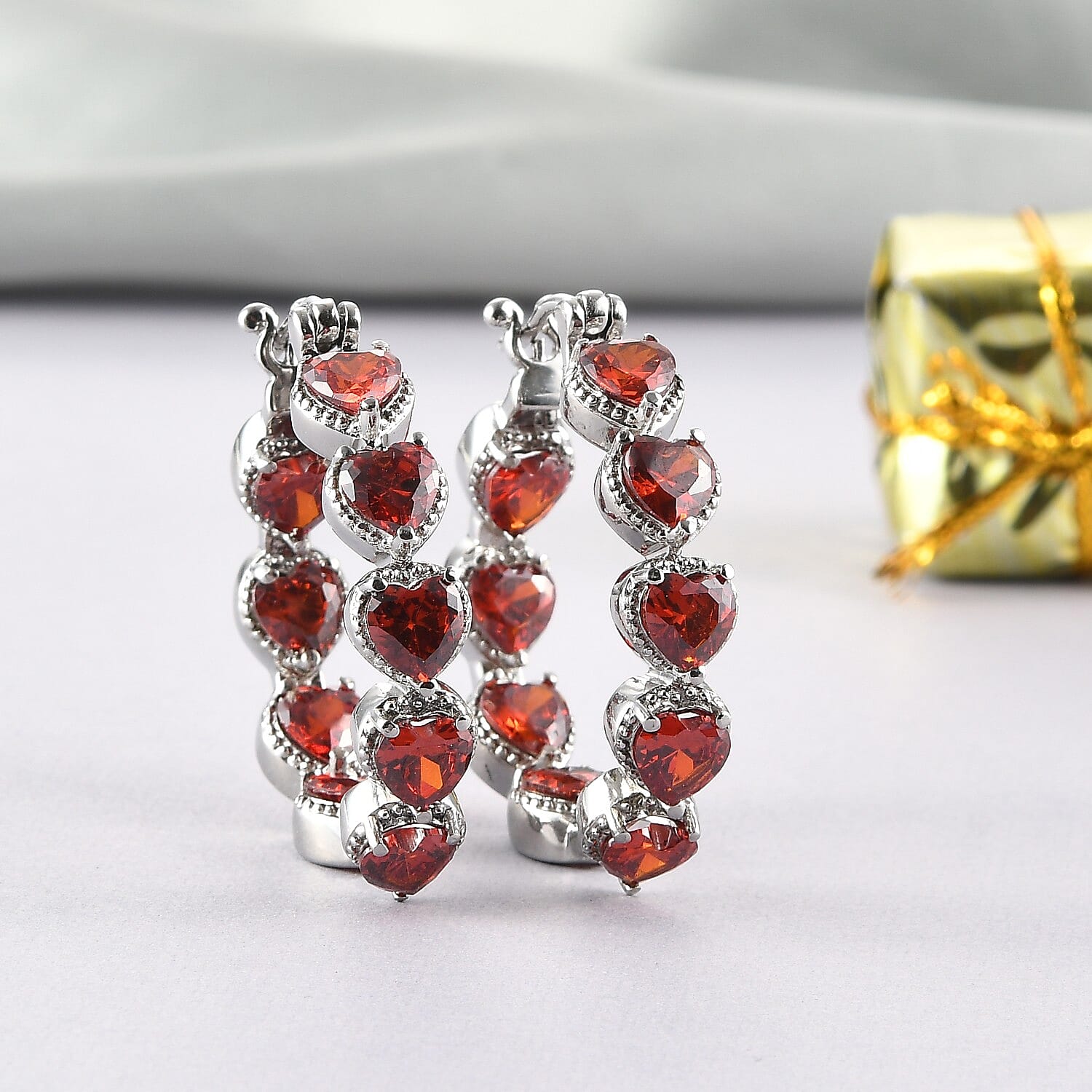 Simulated Garnet Inside Out Hoop Earrings in Stainless Steel