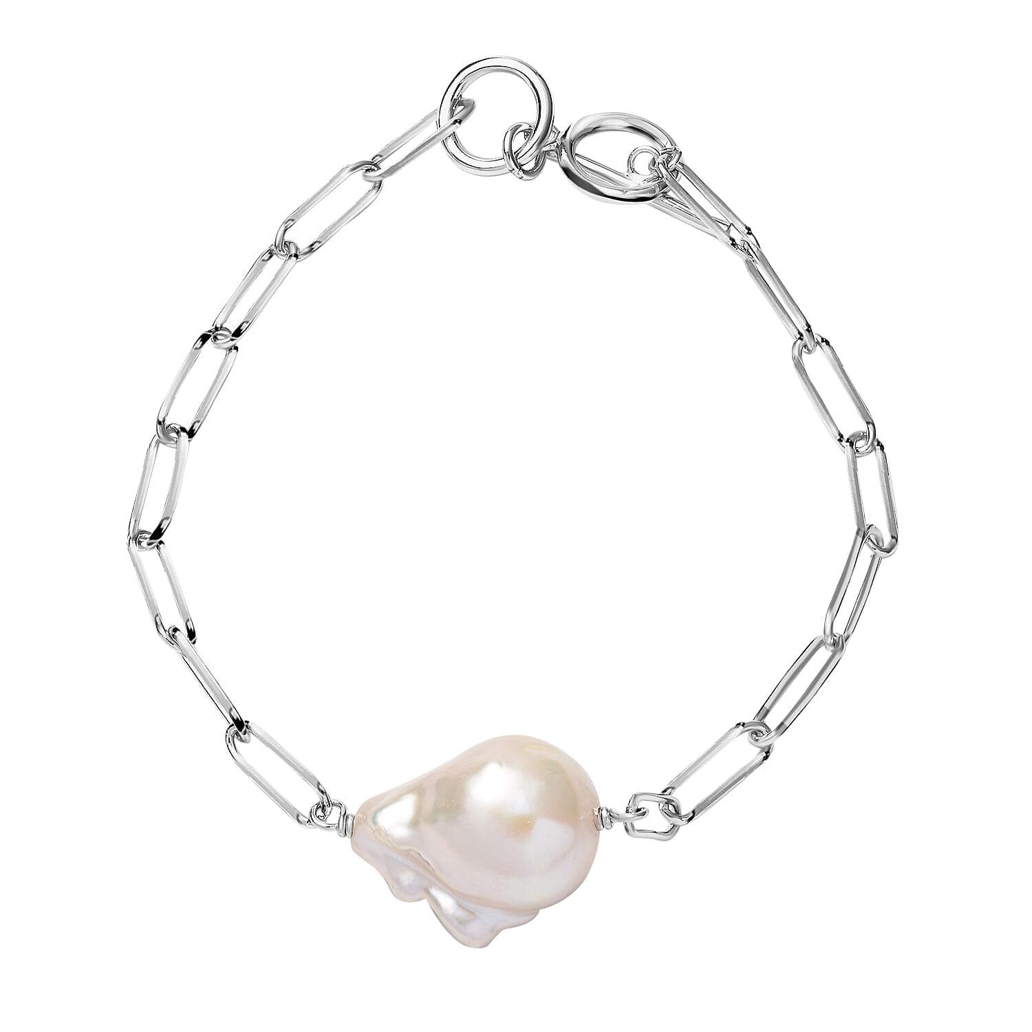Organic Shape Baroque Pearl Paper Clip Chain Bracelet in Rhodium Over Sterling Silver (7.50 In)