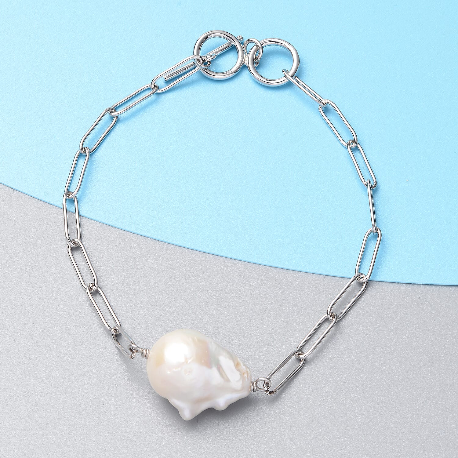 Organic Shape Baroque Pearl Paper Clip Chain Bracelet in Rhodium Over Sterling Silver (7.50 In)