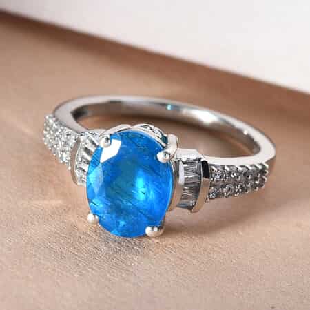 Malgache Neon Apatite and Natural White Zircon Ring in Platinum Over Sterling Silver (Size 10.0) 2.25 ctw image number 1