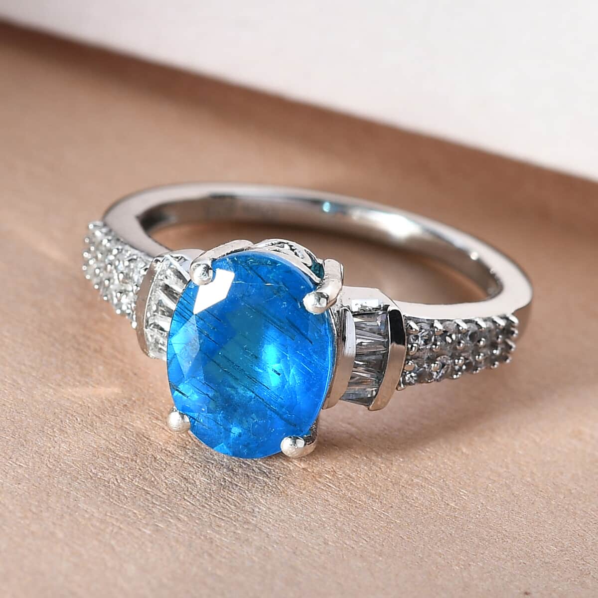 Malgache Neon Apatite and Natural White Zircon Ring in Platinum Over Sterling Silver (Size 7.0) 2.25 ctw image number 1