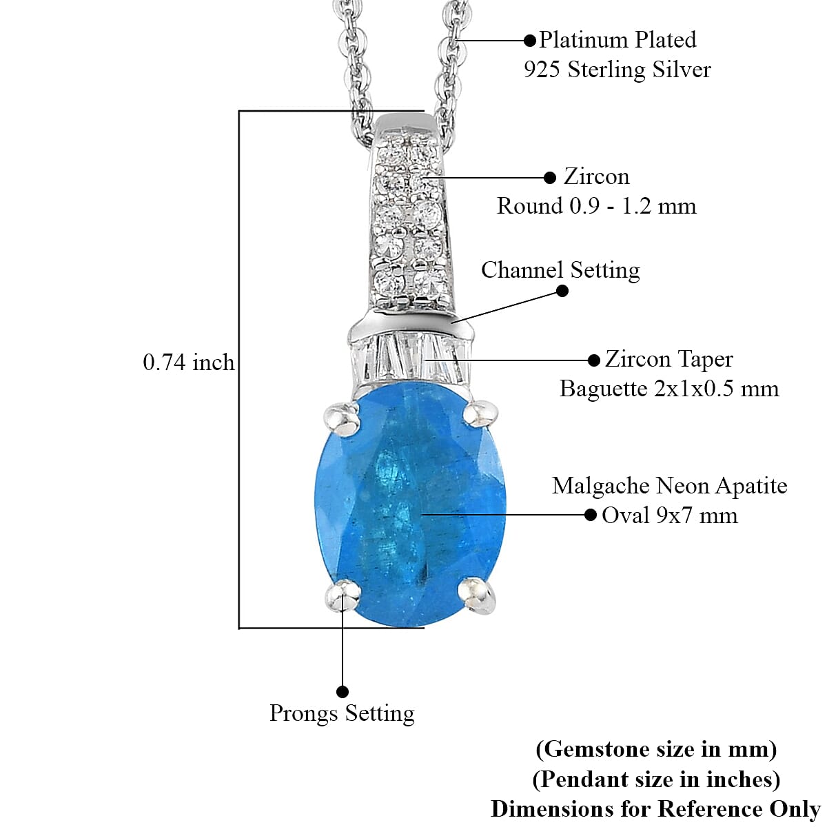 Malgache Neon Apatite and Natural White Zircon Pendant Necklace 20 Inches in Platinum Over Sterling Silver 2.00 ctw
