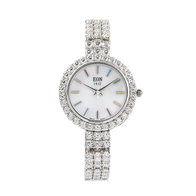 Eon 1962 Swiss Movement White Crystal MOP Dial Watch in Sterling Silver