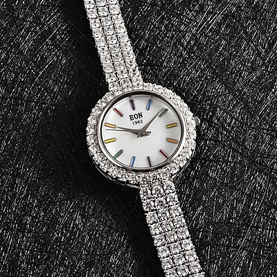 Eon 1962 Swiss Movement White Crystal MOP Dial Watch in Sterling Silver