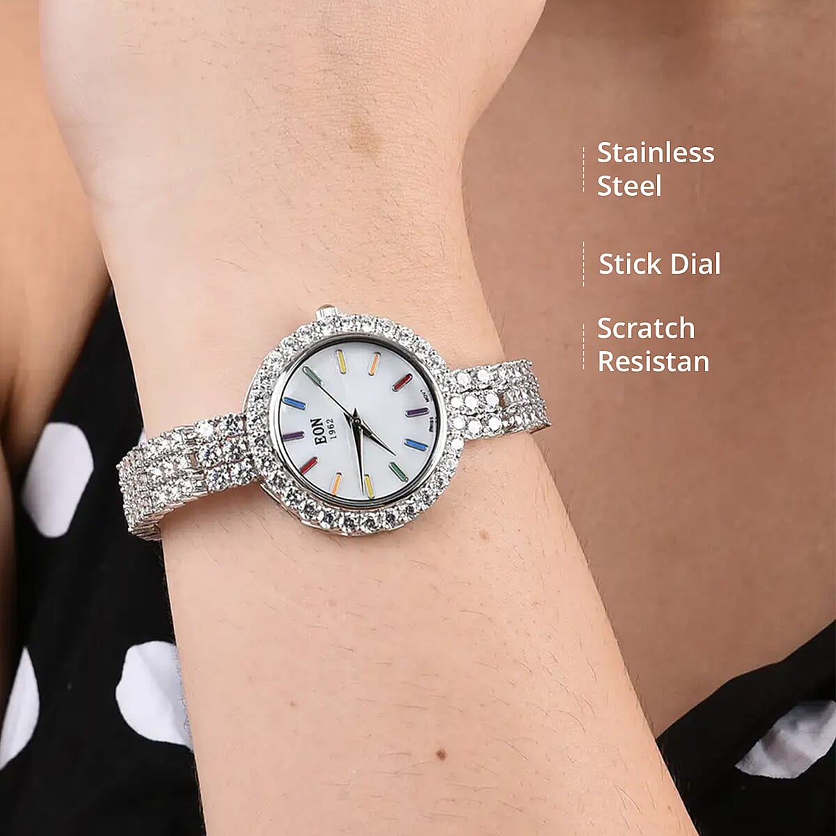 Eon 1962 Swiss Movement White Crystal MOP Dial Watch in Sterling Silver image number 2