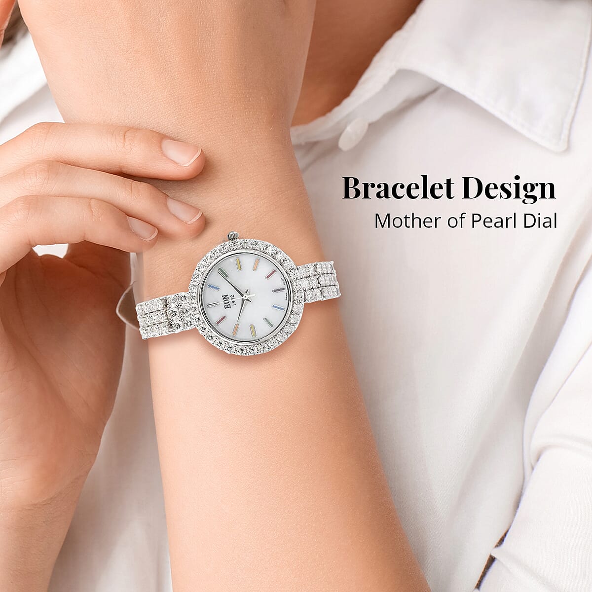 Eon 1962 Swiss Movement White Crystal MOP Dial Watch in Sterling Silver image number 4