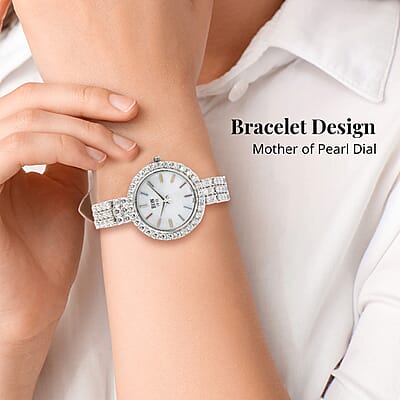 Eon 1962 Swiss Movement White Crystal MOP Dial Watch in Sterling Silver
