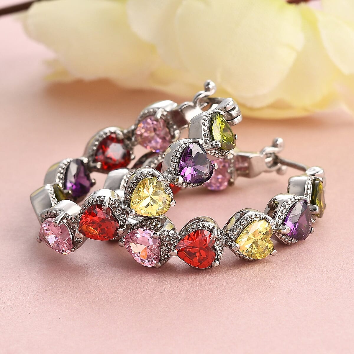 Simulated Multi Color Diamond Inside Out Hoop Earrings in Stainless Steel image number 1