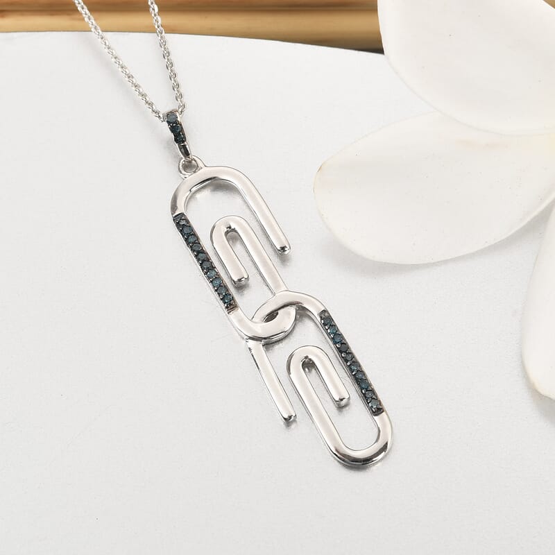 Blue Diamond Paper Clip Pendant Necklace 20 Inches in Rhodium & Platinum Over Sterling Silver 0.15 ctw