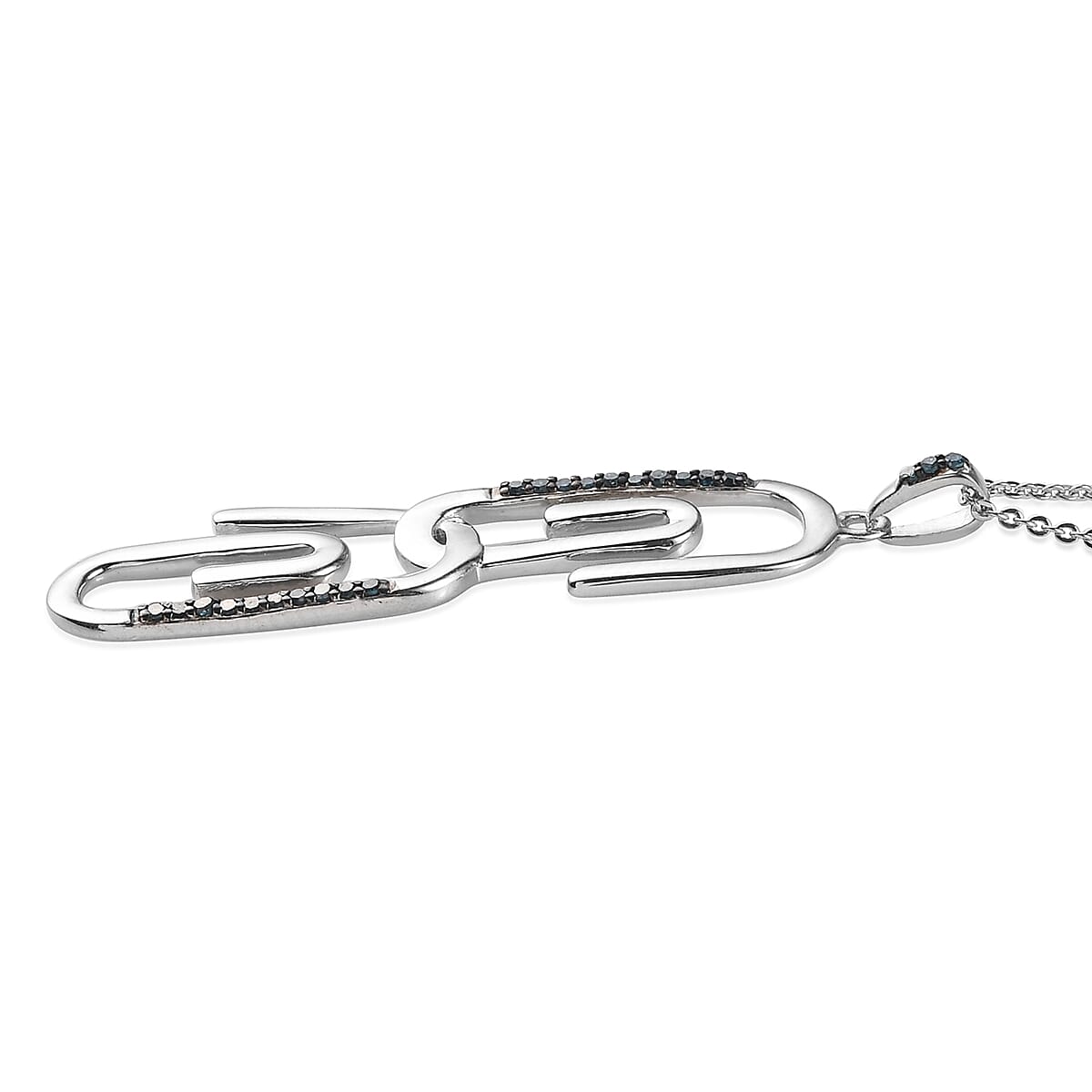 Blue Diamond Paper Clip Pendant Necklace 20 Inches in Rhodium & Platinum Over Sterling Silver 0.15 ctw