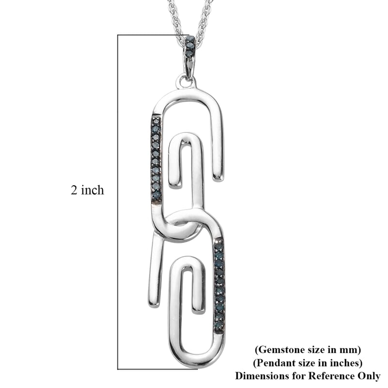 Blue Diamond Paper Clip Pendant Necklace 20 Inches in Rhodium & Platinum Over Sterling Silver 0.15 ctw