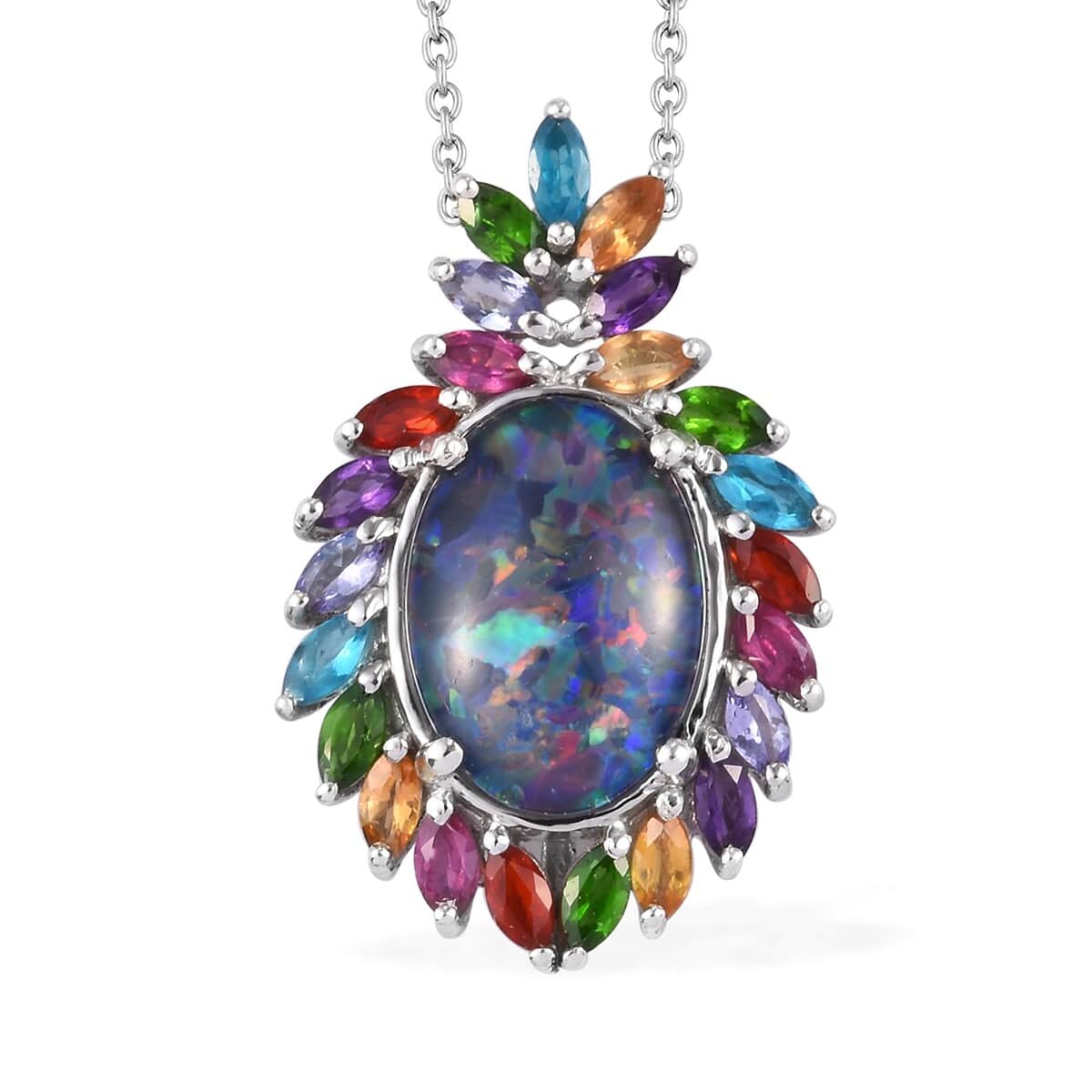 Boulder Opal Triplet and Multi Gemstone Floral Spray Pendant Necklace 20 Inches in Platinum Over Sterling Silver 5.60 ctw image number 0