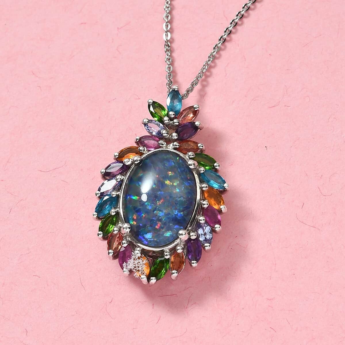 Boulder Opal Triplet and Multi Gemstone Floral Spray Pendant Necklace 20 Inches in Platinum Over Sterling Silver 5.60 ctw image number 1