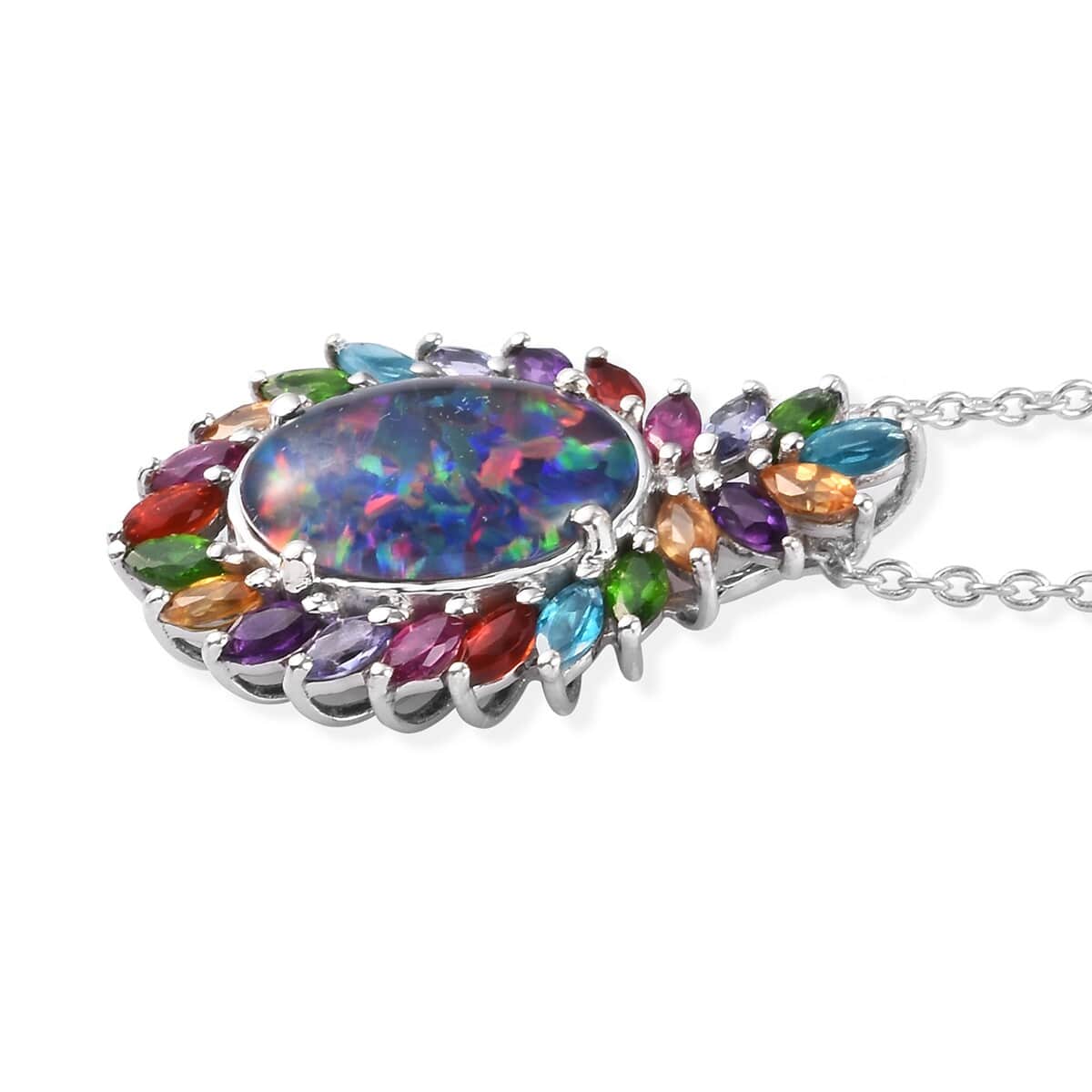 Boulder Opal Triplet and Multi Gemstone Floral Spray Pendant Necklace 20 Inches in Platinum Over Sterling Silver 5.60 ctw image number 3