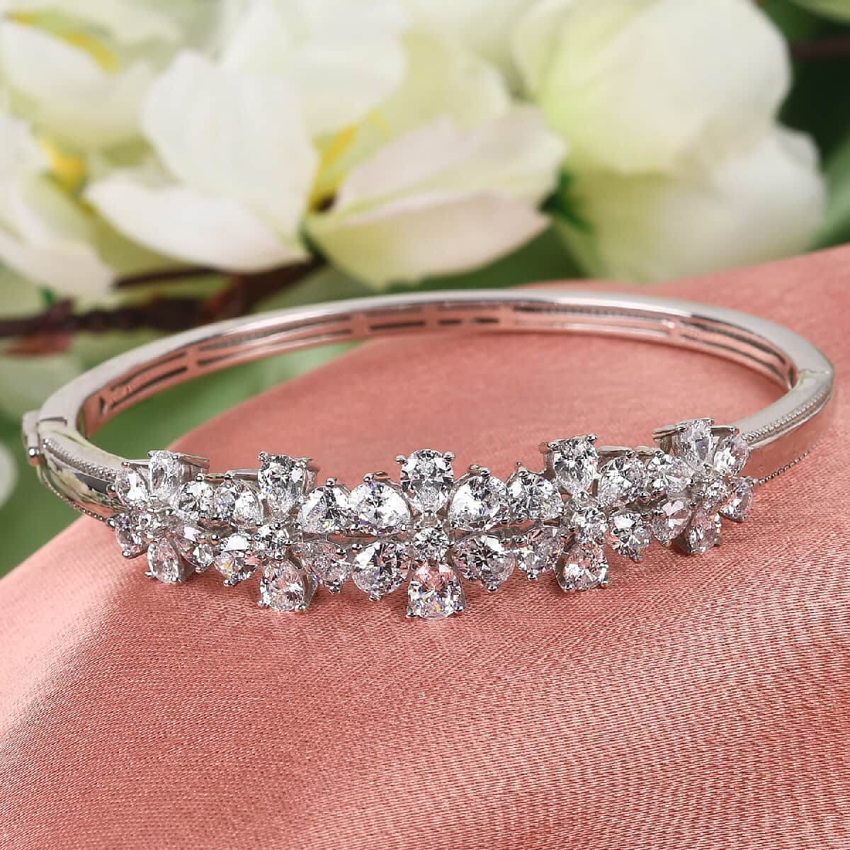 LUSTRO STELLA Made with Finest CZ Bangle Bracelet in Platinum Over Sterling Silver (6.50 In) 16.55 Grams 11.70 ctw image number 1