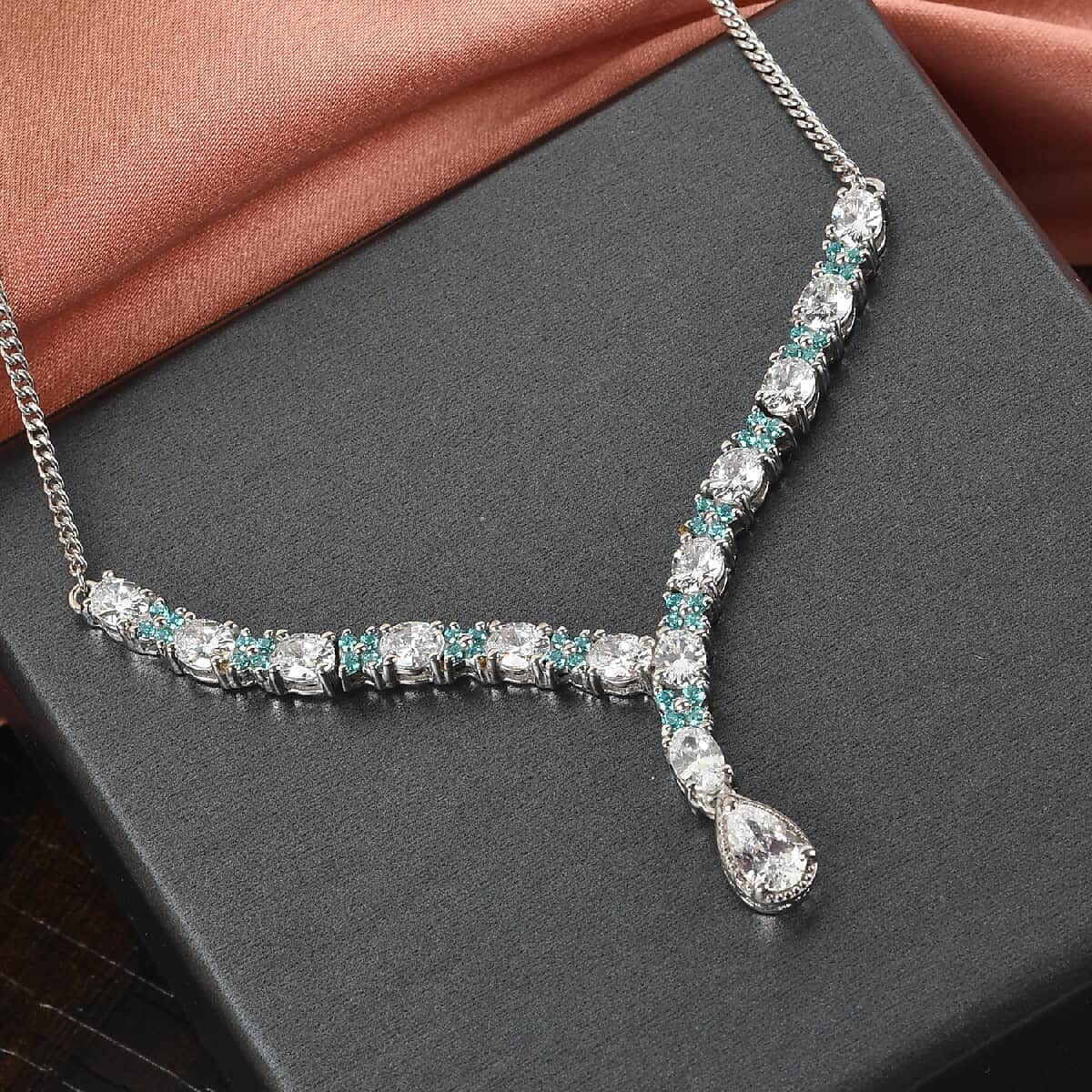 Lustro Stella Made with Finest Mint and White CZ V-Shape Necklace 18 Inches in Platinum Over Sterling Silver 10.15 ctw image number 1