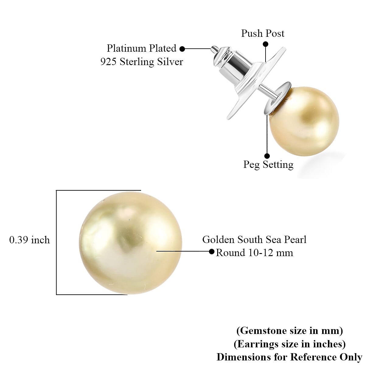 South Sea Golden Cultured Pearl Stud Earrings in Platinum Over Sterling Silver image number 4