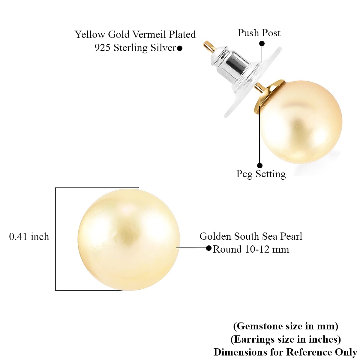 South Sea Pearl 10-12mm Stud Earrings in Vermeil Yellow Gold Over Sterling Silver image number 4