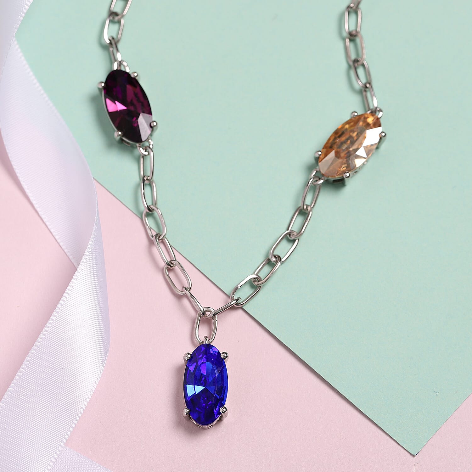 Designer Inspired Karis Multi Color Crystal Station Necklace 18 Inches in Platinum Bond