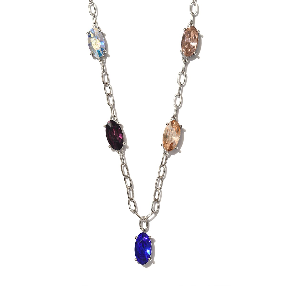 Designer Inspired Karis Multi Color Crystal Station Necklace 18 Inches in Platinum Bond