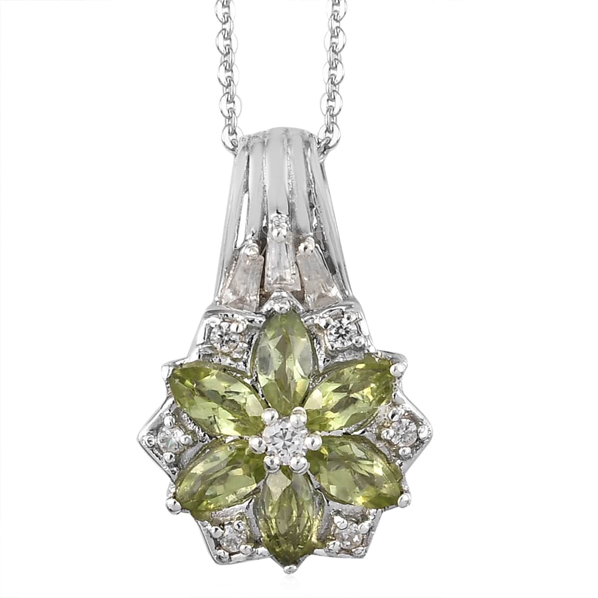 Peridot and Natural White Zircon Pendant Necklace 20 Inches in Platinum Over Sterling Silver 1.30 ctw image number 0