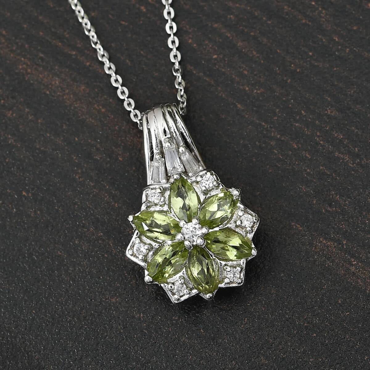 Peridot and Natural White Zircon Pendant Necklace 20 Inches in Platinum Over Sterling Silver 1.30 ctw image number 1