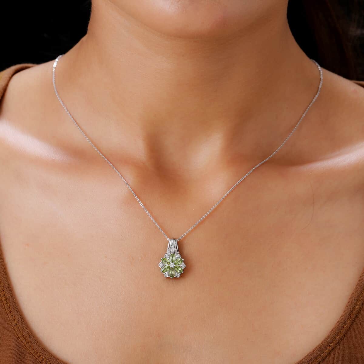 Peridot and Natural White Zircon Pendant Necklace 20 Inches in Platinum Over Sterling Silver 1.30 ctw image number 2