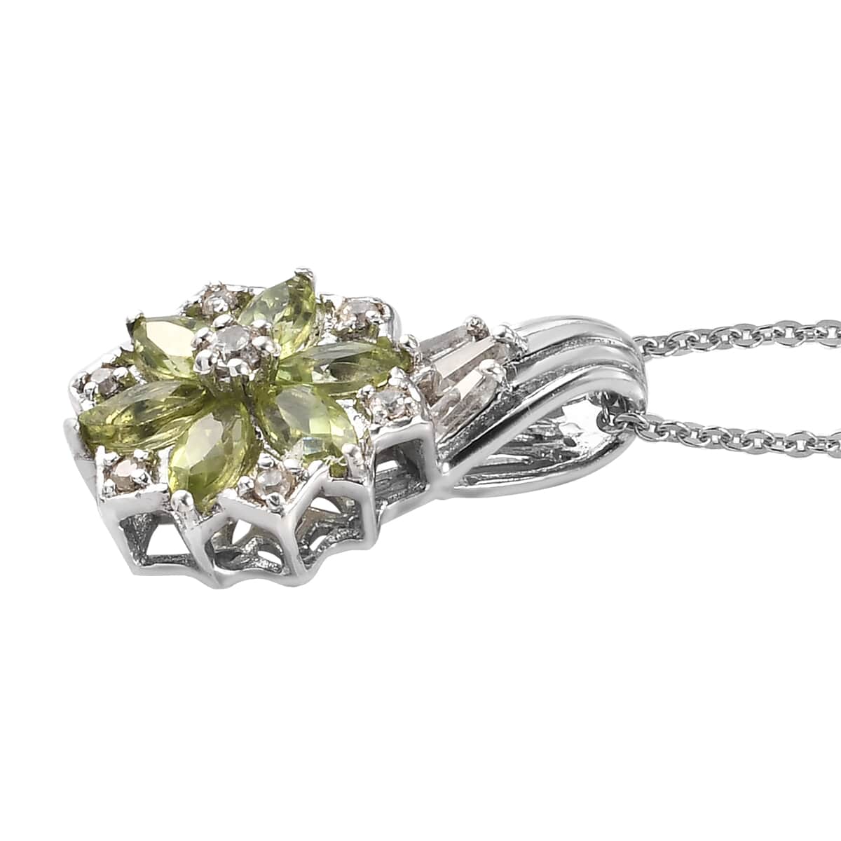Peridot and Natural White Zircon Pendant Necklace 20 Inches in Platinum Over Sterling Silver 1.30 ctw image number 3