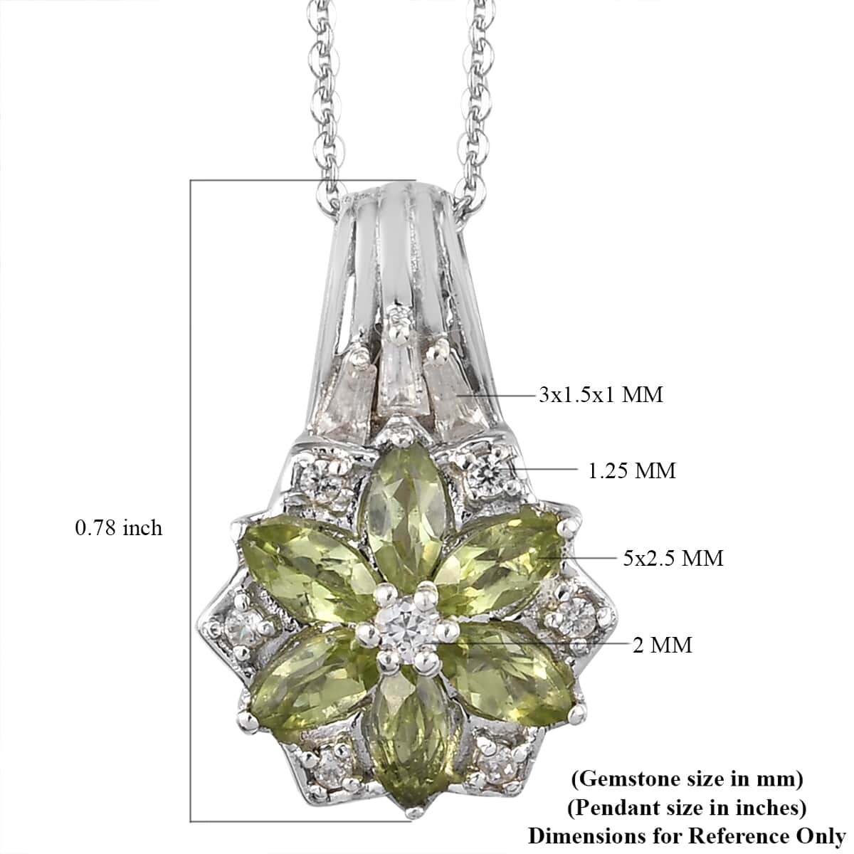 Peridot and Natural White Zircon Pendant Necklace 20 Inches in Platinum Over Sterling Silver 1.30 ctw image number 5