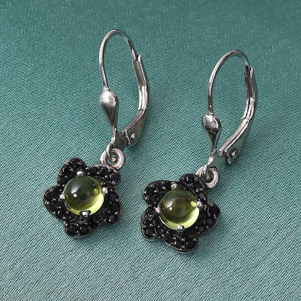 Peridot and Thai Black Spinel Dangle Flower Earrings in Platinum Over Sterling Silver 1.80 ctw image number 1