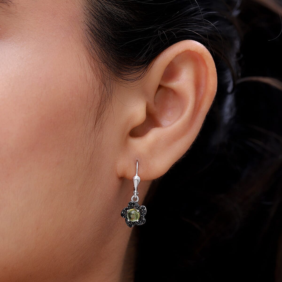 Peridot and Thai Black Spinel Dangle Flower Earrings in Platinum Over Sterling Silver 1.80 ctw image number 2