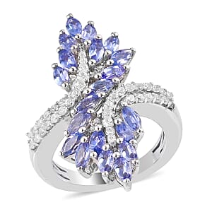 AAA Tanzanite and Zircon Bypass Ring in Platinum Over Sterling Silver (Size 7.0) 2.40 ctw