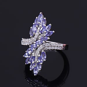 AAA Tanzanite and Zircon Bypass Ring in Platinum Over Sterling Silver (Size 7.0) 2.40 ctw