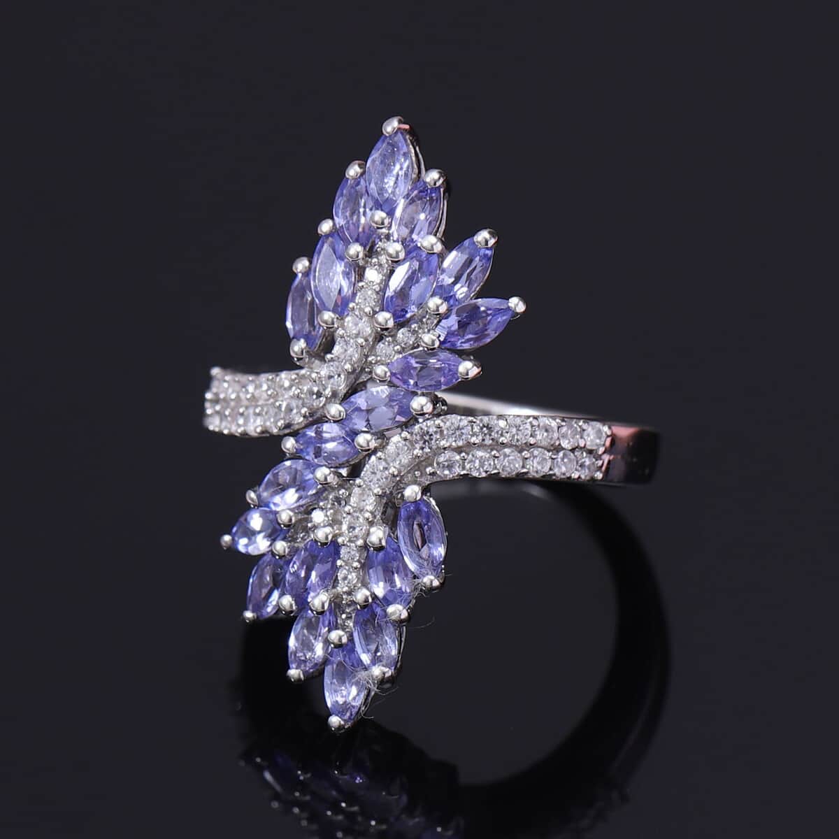 AAA Tanzanite and Zircon Bypass Ring in Platinum Over Sterling Silver (Size 7.0) 2.40 ctw image number 1