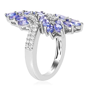 AAA Tanzanite and Zircon Bypass Ring in Platinum Over Sterling Silver (Size 7.0) 2.40 ctw