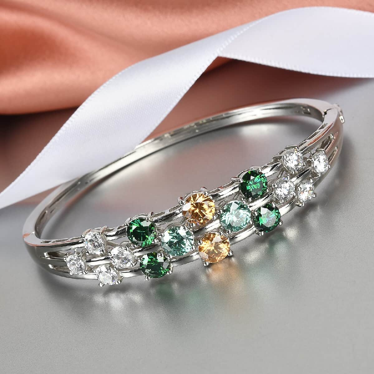 Lustro Stella Made with Finest Multi Color CZ Bangle Bracelet in Platinum Over Sterling Silver (7.25 In) 19.00 ctw image number 1