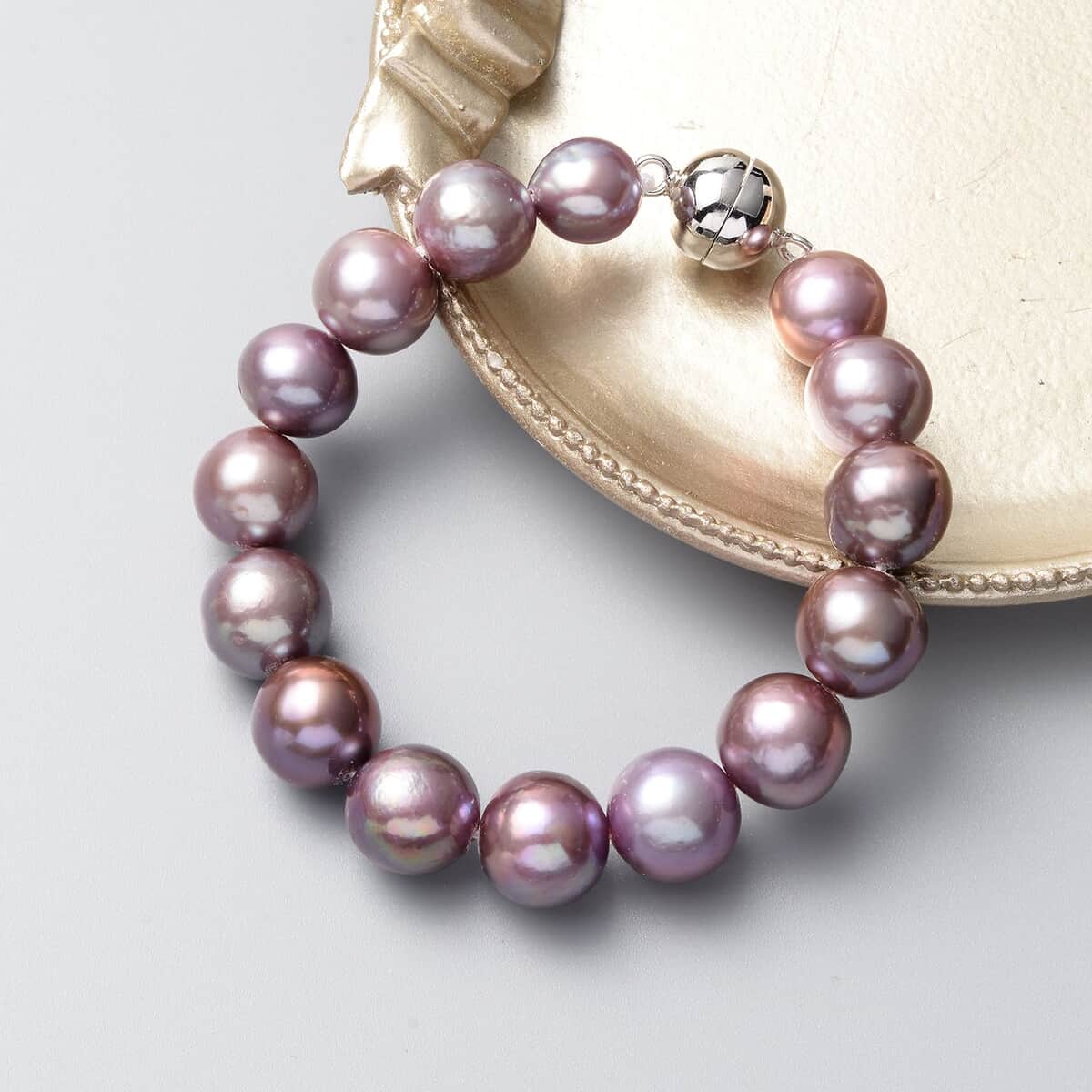 Purple Edison Pearl Beaded Bracelet with Magnetic Lock in Rhodium Over Sterling Silver (6.50 In) image number 1