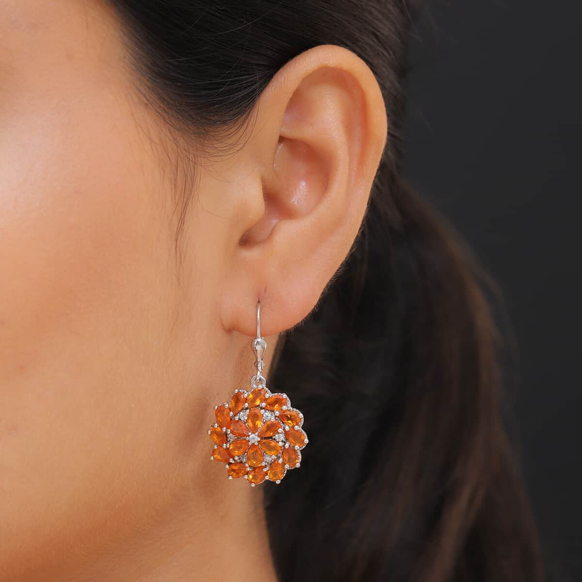Jalisco Fire Opal and Natural White Zircon Floral Earrings in Platinum Over Sterling Silver 9.70 Grams 5.70 ctw image number 2