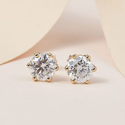 Luxoro 100 Facet Moissanite 1.60 ctw Solitaire Stud Earrings in 10K Yellow Gold