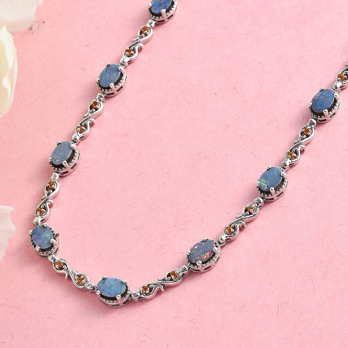 Boulder Opal Triplet and Jalisco Fire Opal Station Necklace 18 Inches in Platinum Over Sterling Silver 12.78 Grams 6.10 ctw image number 1