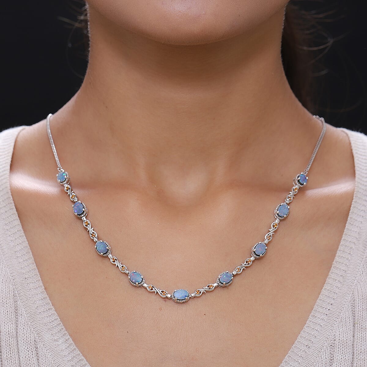 Boulder Opal Triplet and Jalisco Fire Opal Station Necklace 18 Inches in Platinum Over Sterling Silver 12.78 Grams 6.10 ctw image number 2