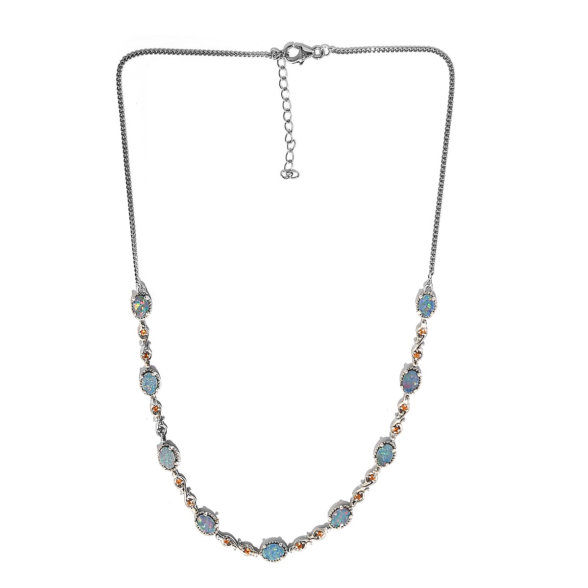 Boulder Opal Triplet and Jalisco Fire Opal Station Necklace 18 Inches in Platinum Over Sterling Silver 12.78 Grams 6.10 ctw image number 3