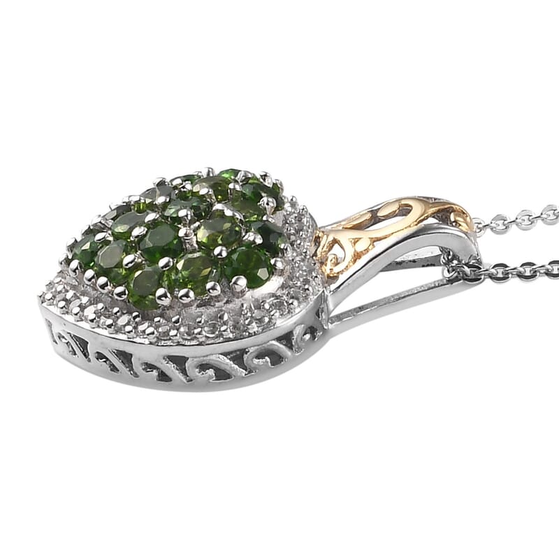 Natural Chrome Diopside and Zircon Heart Cluster Pendant Necklace 20 Inches in Vermeil Yellow Gold & Platinum Over Sterling Silver 1.70 ctw