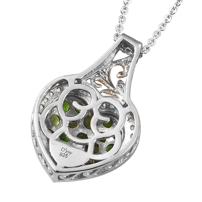 Natural Chrome Diopside and Zircon Heart Cluster Pendant Necklace 20 Inches in Vermeil Yellow Gold & Platinum Over Sterling Silver 1.70 ctw
