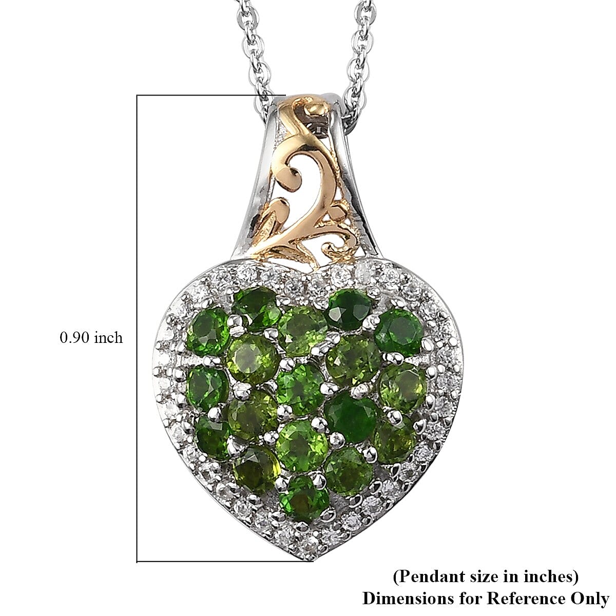 Natural Chrome Diopside and Zircon Heart Cluster Pendant Necklace 20 Inches in Vermeil Yellow Gold & Platinum Over Sterling Silver 1.70 ctw