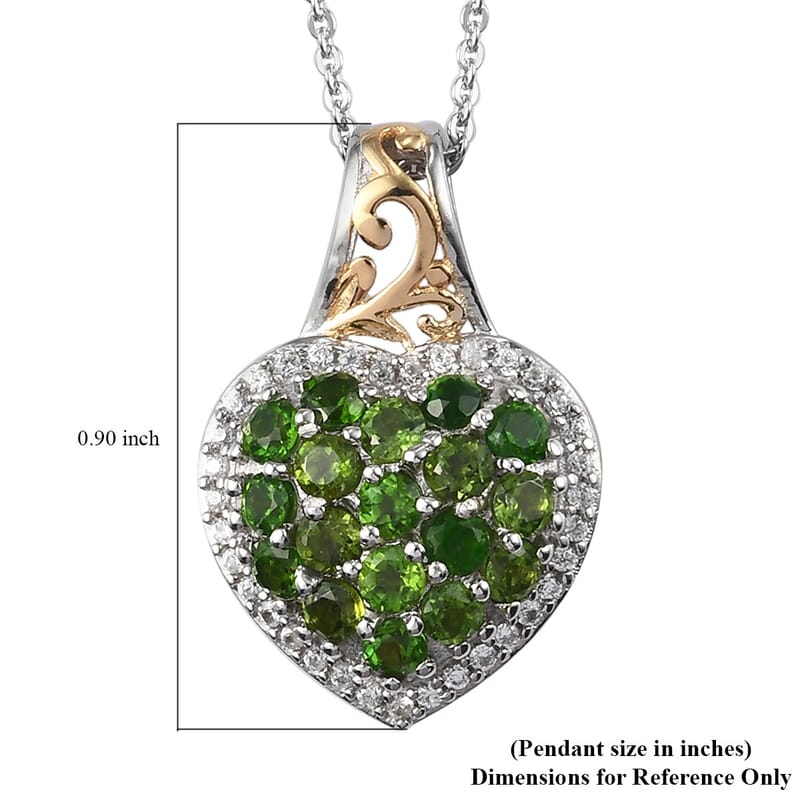 Natural Chrome Diopside and Zircon Heart Cluster Pendant Necklace 20 Inches in Vermeil Yellow Gold & Platinum Over Sterling Silver 1.70 ctw