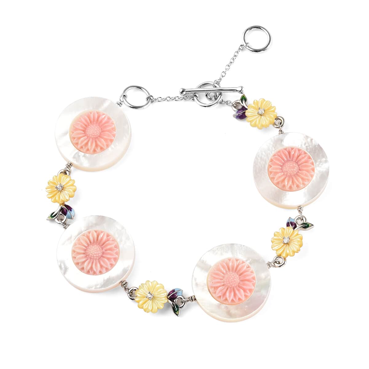 Jardin Collection White Mother Of Pearl and Multi Gemstone Flower Bracelet in Rhodium Over Sterling Silver (8.00 In) 0.10 ctw image number 0