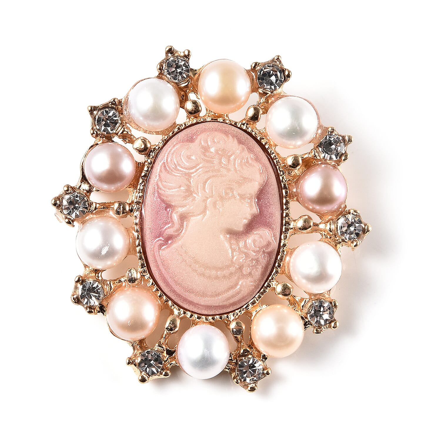 White Swarovski Crystal, Multi Color Fresh Water Pearl and Cameo Chroma Brooch in Goldtone